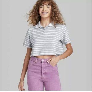 Womens Short Sleeve Boxy Cropped Polo T Shirt Wild Fable Gray Striped M
